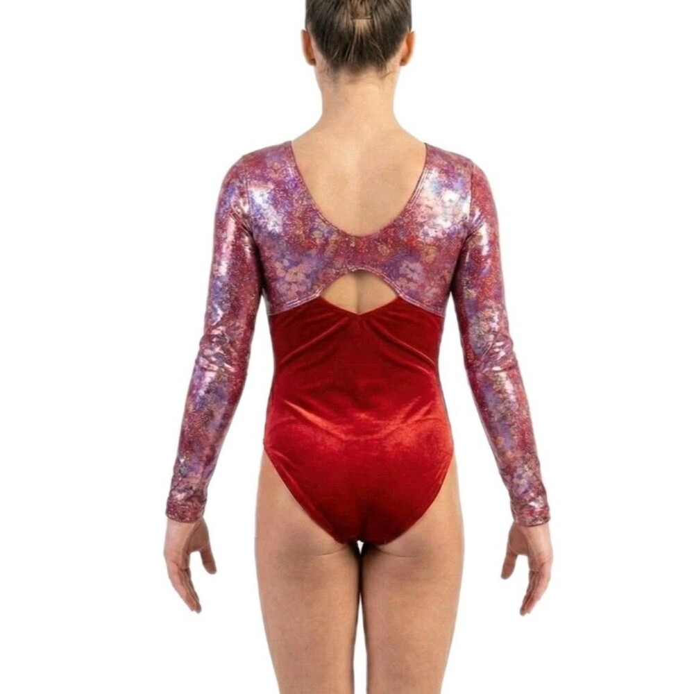 GK Elite VTG Red Velvet Floral Holographic LS Keyhole Leotard Size AM Adult M - Picture 2 of 16